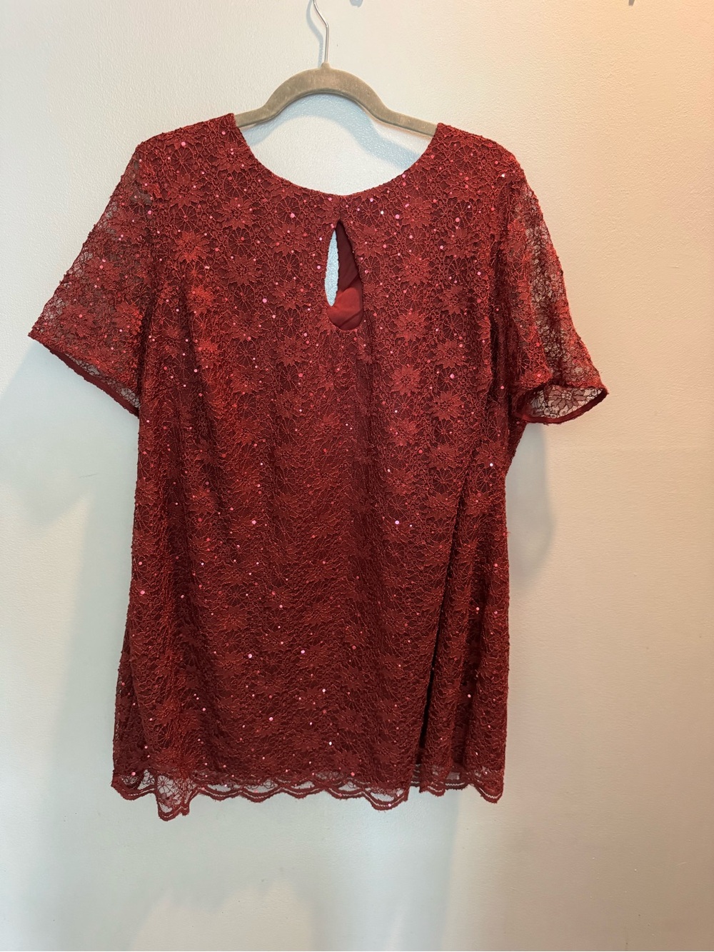 Sequin Lace Short-Sleeve Blouse in Red/Burgundy Romans Women’s Plus Size 22W